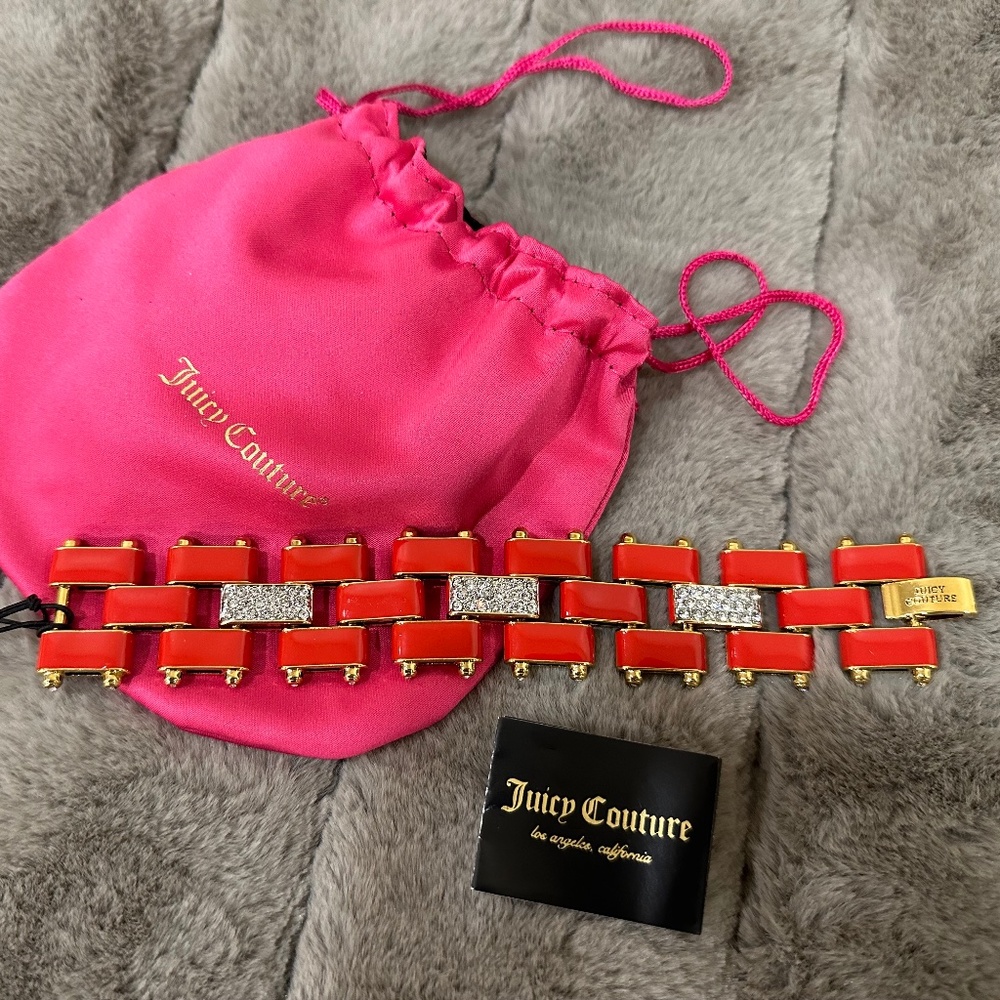 Juicy Couture Red Enamel and Pave Flex Bracelet Gold Tone New with Tags YJRU6449